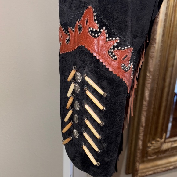 Leather Western Fringe Jacket - Black and Brown - Picture 9 of 15